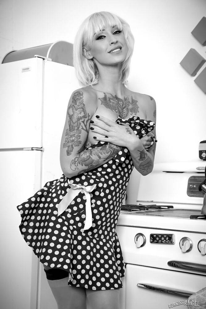 Tattooed fetish model models stockings and heels for black and white photos - #13