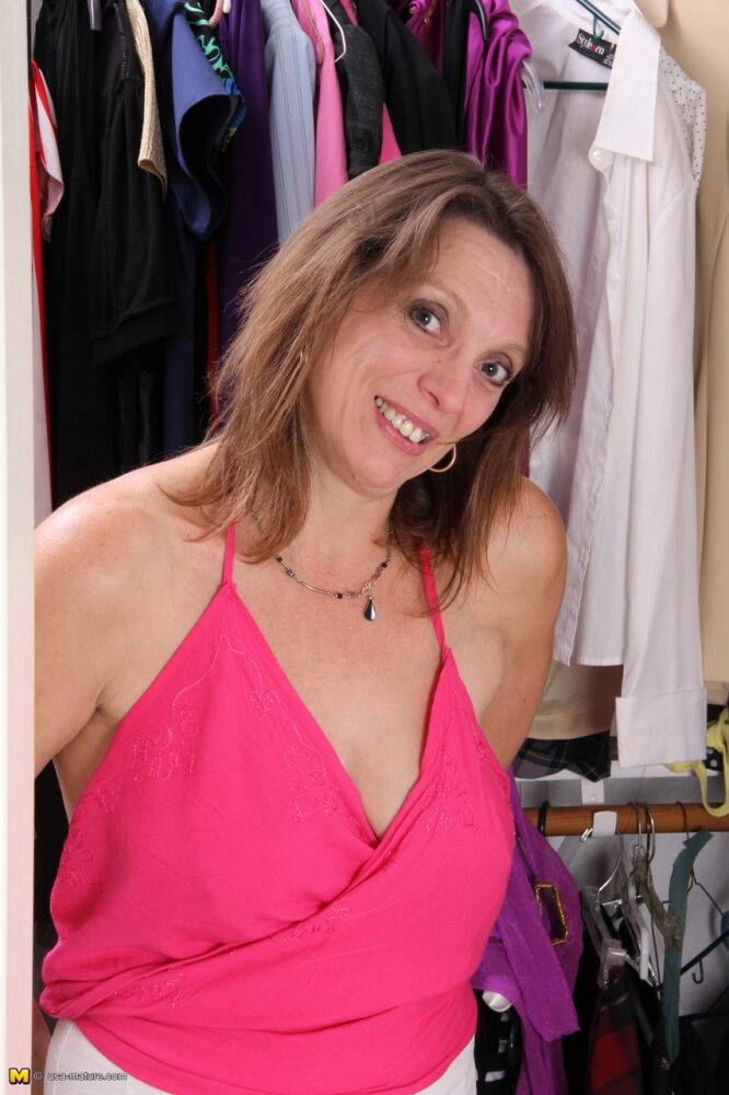 American housewife models naked while trying on lingerie in walk in closet - #1