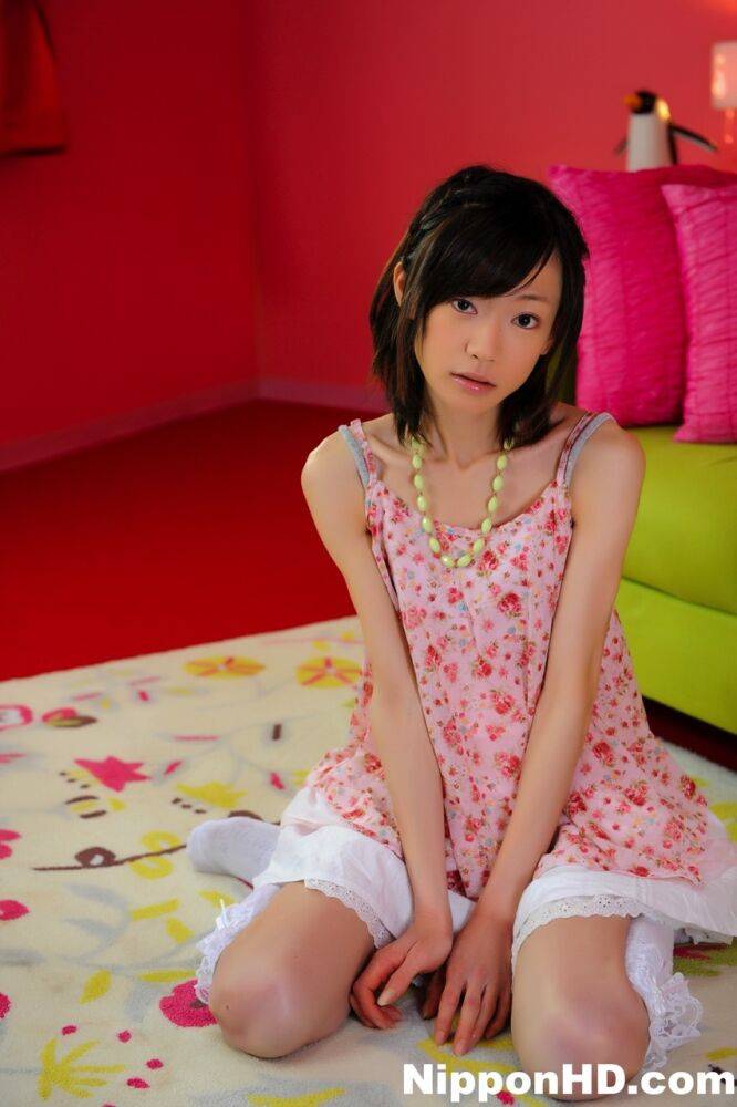 Petite Japanese girl with a pretty face models non nude in knee socks - #6