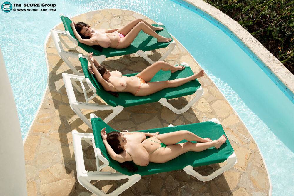 Big tit models Sha Rizel, Valory Irene & Hitomi lounge in bikini bottoms - #14