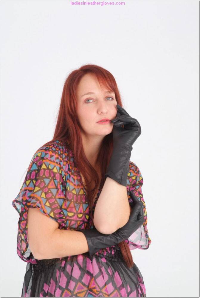 Natural redhead models fully clothed in black leather gloves - #15