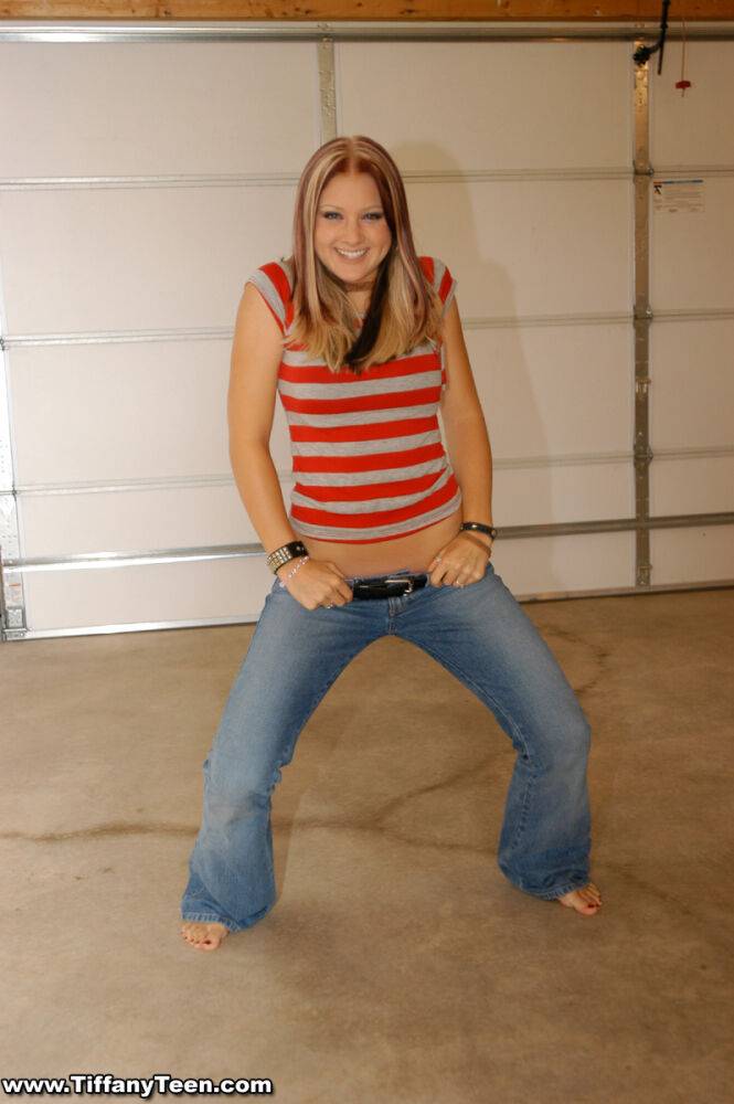 Barefoot teen Tiffany models non nude in bell bottom jeans out in the garage - #8