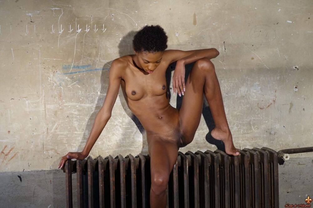 Skinny black girl Jess models totally naked on an ancient radiator - #15