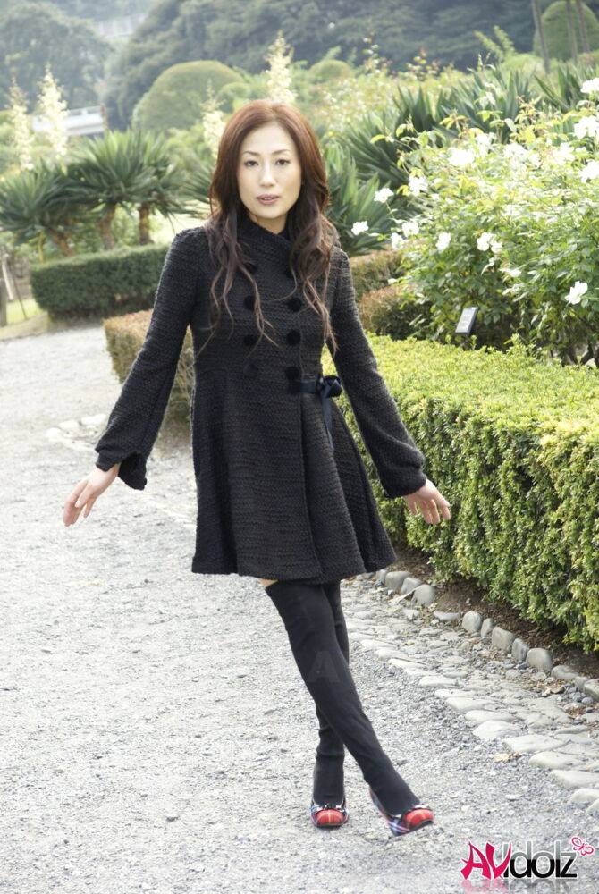 Fully clothed Japanese teen models in the park in black clothes and stockings - #7