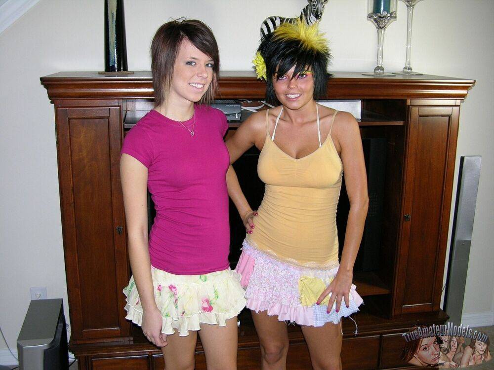 Amateur dykes from the USA doff micro skirts on way to posing nude together - #15