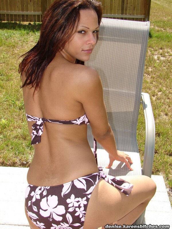 Young amateur Karen models a floral print bikini on a backyard chair - #12