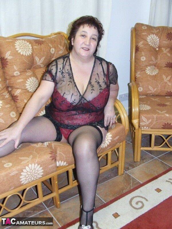 Mature BBW Kinky Carol models sexy lingerie in mesh stockings and heels - #5