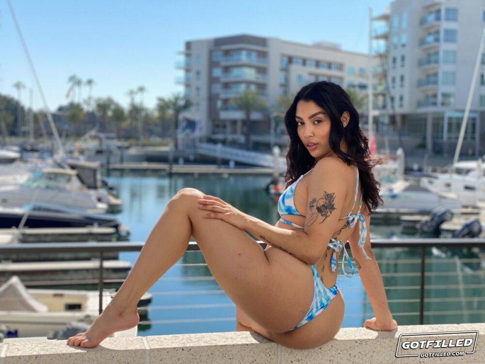 Latina girl Vanessa Sky models a bikini at a marina before ass licking POV sex - #14