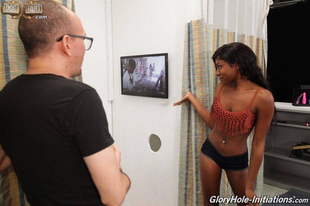 Hot black girl sucks and fucks a big white cock thru a gloryhole - #13