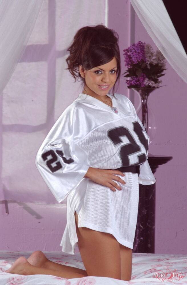 Sexy Latina chick Yuri Luv frees her great tits and booty from football jersey - #11