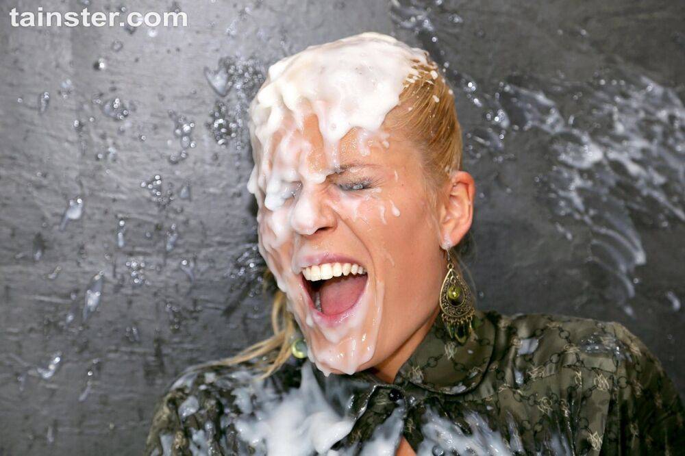 Blonde chick in nylons and a skirt gets covered in jizz at a gloryhole - #6