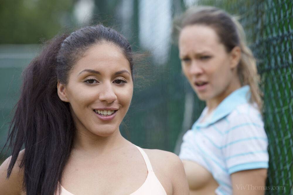 Lesbian teens Liv Revamped & Blue Angel have sex on a tennis court and indoors - #9