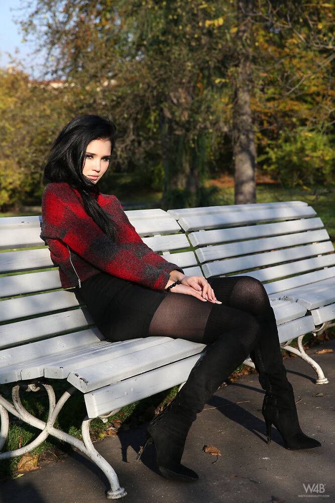 Brunette glamour model Malena in boots posing non nude outdoors - #15