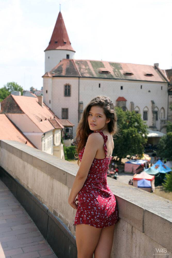 Tiny teen Irene Rouse flashes no panty up skirts while visiting Prague - #12