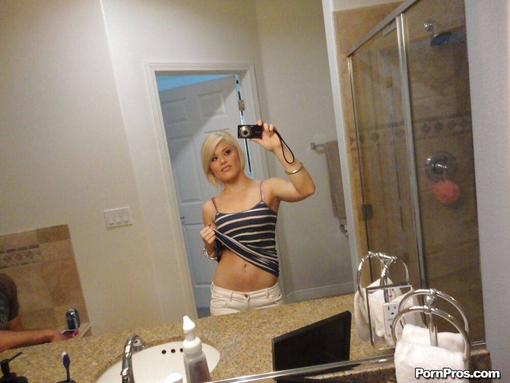 Young blonde hottie Ash Hollywood taking selfies in mirror while undressing - #11