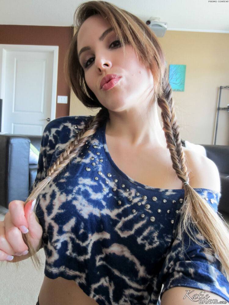 Pigtail adorned amateur Katie Banks takes selfies while playing with sex toys - #11