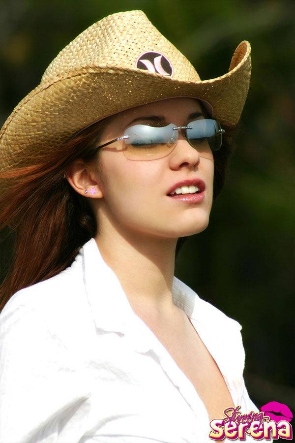 Farm girl in shades and a straw hat unbuttons her shorts and opens her shirt - #3