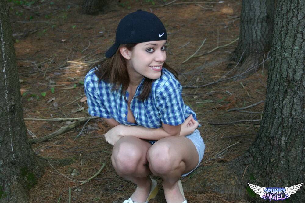 Cute tomboy Serena removes her bra with her shirt unbuttoned in a forest - #4