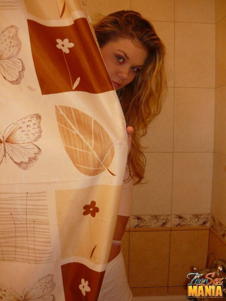 Young blonde girl sucks a large cock in bathroom after being caught peeing - #14