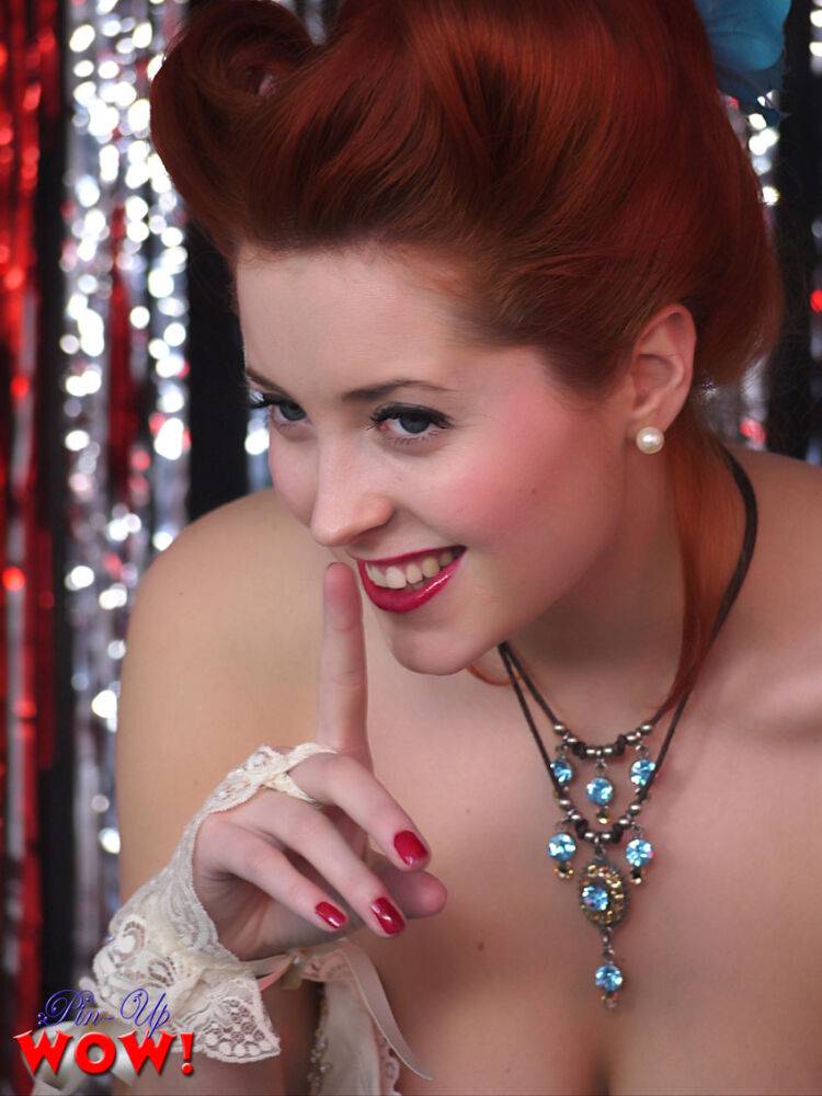 Gorgeous pinup model Lucy V strips burlesque style on a glittery stage - #6