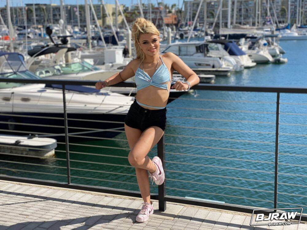 Latina teen Destiny Cruz models swimwear at a marina before an ass licking BJ - #13