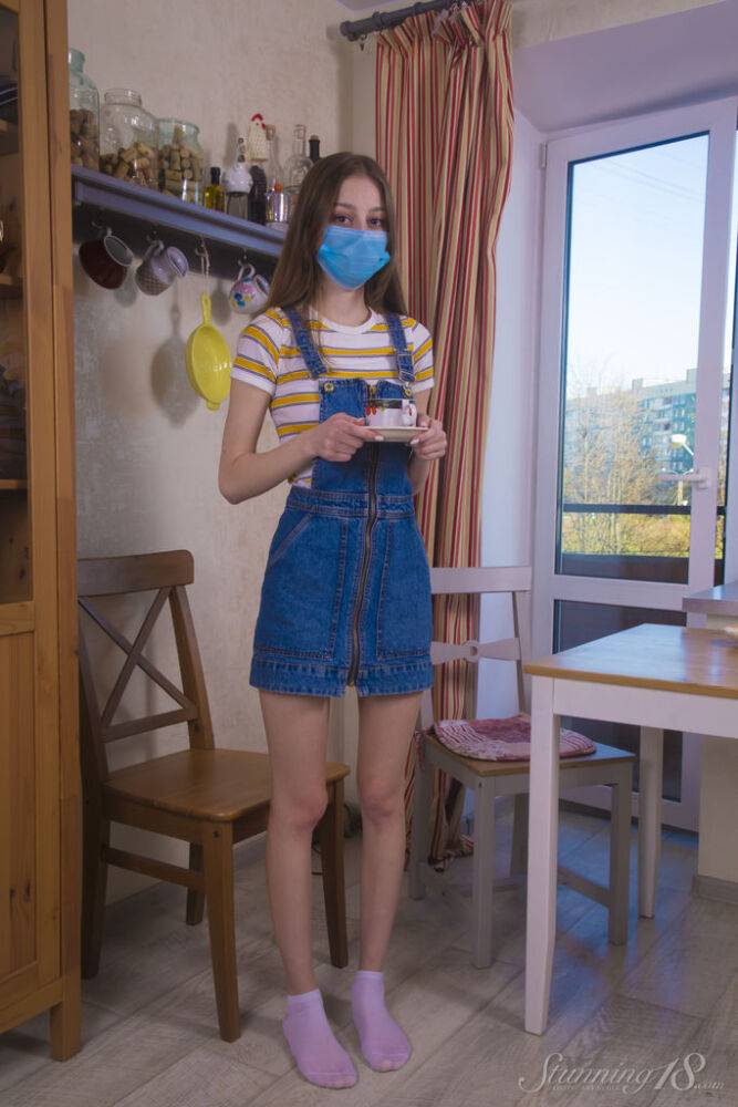 18 year old girl Lia doffs a surgical mask and clothes to pose nude in socks - #5