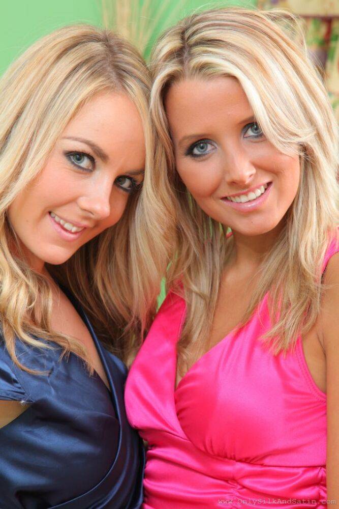 Hot UK blondes Becky R and Rachael F expose their breasts in nylons - #3