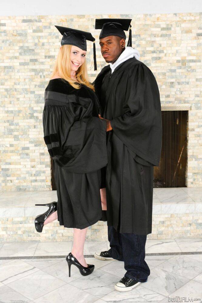 Blonde grad in heels spreads to flash nude upskirt in interracial group grope - #2