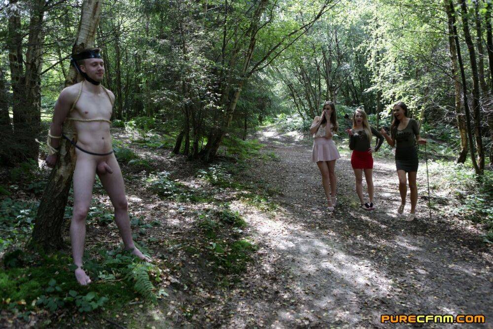 3 young girls walking in the woods find a restrained man and suck his cock - #3