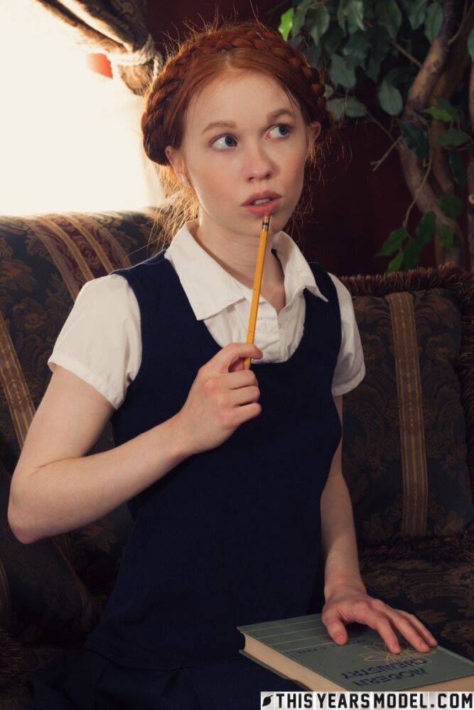Young looking redhead Dolly Little gets naked in white socks and Mary Jane's - #12