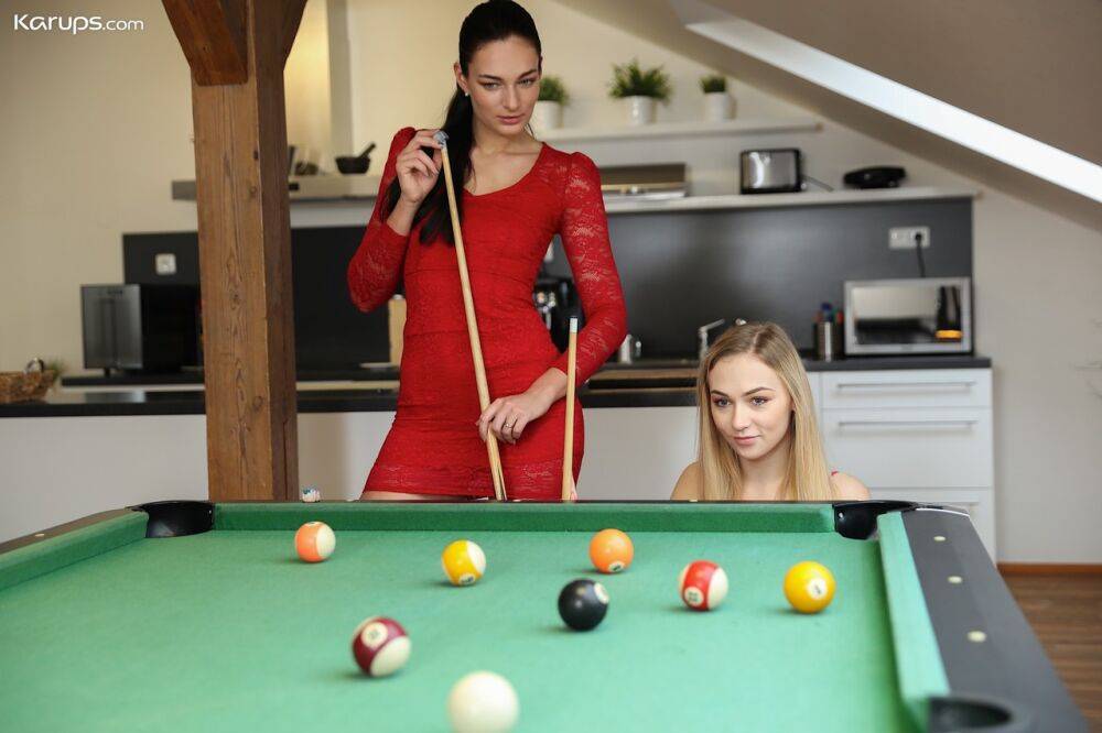 Three babes play billiards together and then eat each other out - #8