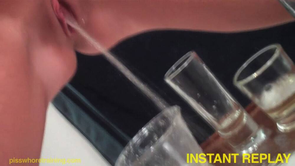 Curly blonde slut drinking piss from bowl - #2