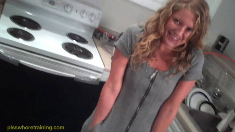 Curly blonde slut drinking piss from bowl - #13