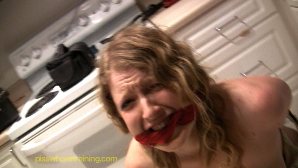 Helpless pee slut Emily tied up and pees on a bowl - #13