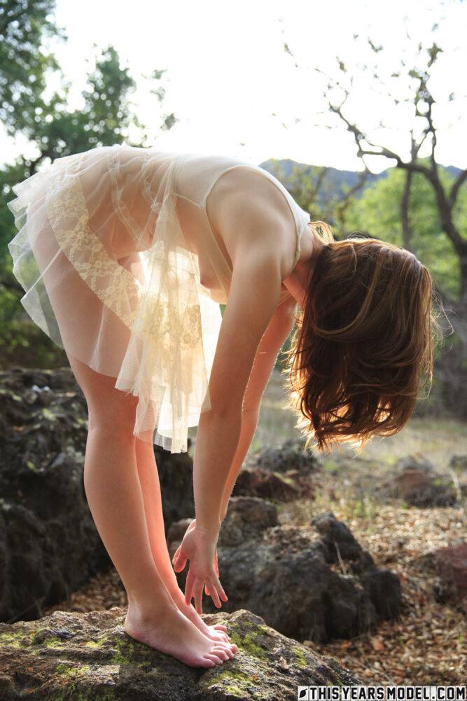 First timer models a see-through dress while barefoot in nature - #5