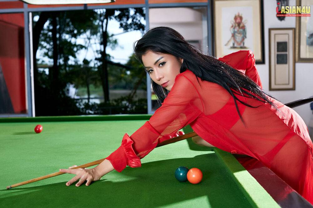 Beautiful Asian girl Aliyah gets naked on top of a snooker table - #10