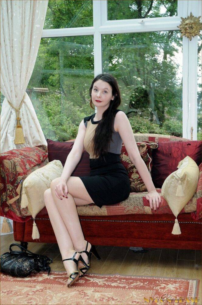 Dark haired female Lady Bonnefoy goes topless on a sofa in nylons and garters - #6