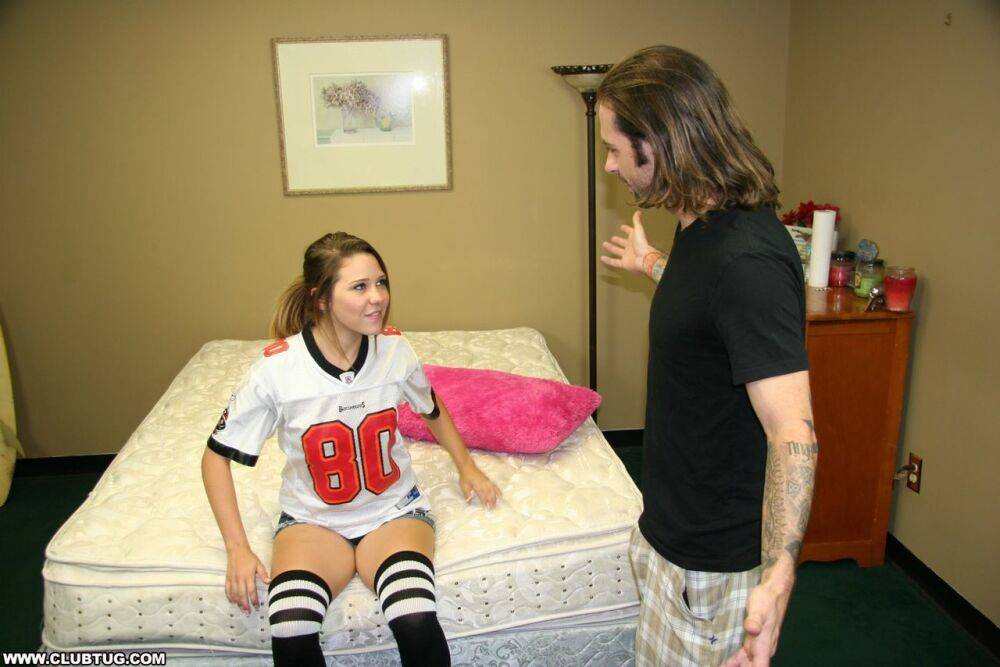 Horny teen in knee socks undresses to give bros mate a handjob - #10