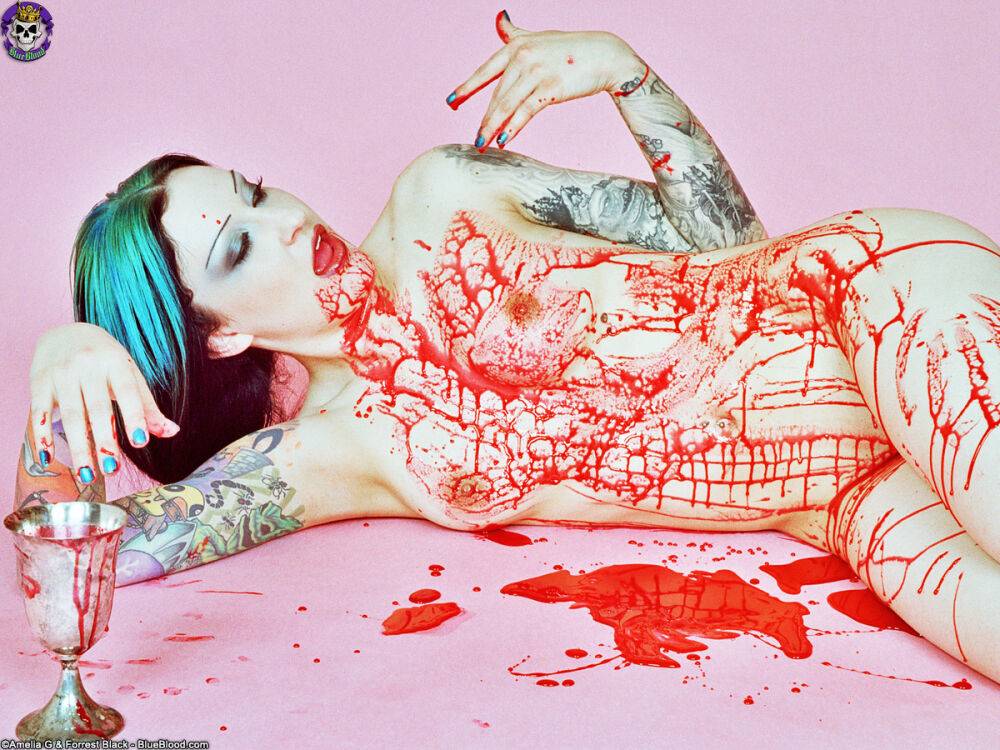 Red spattered pale vampire beauty with great tattoos - #2