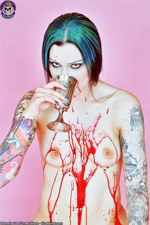 Red spattered pale vampire beauty with great tattoos - #12