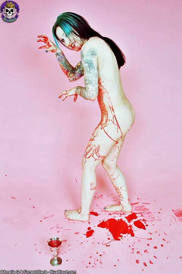 Red spattered pale vampire beauty with great tattoos - #8