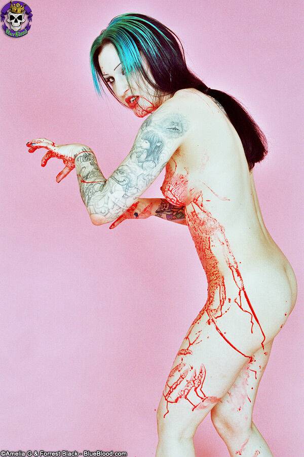 Red spattered pale vampire beauty with great tattoos - #7