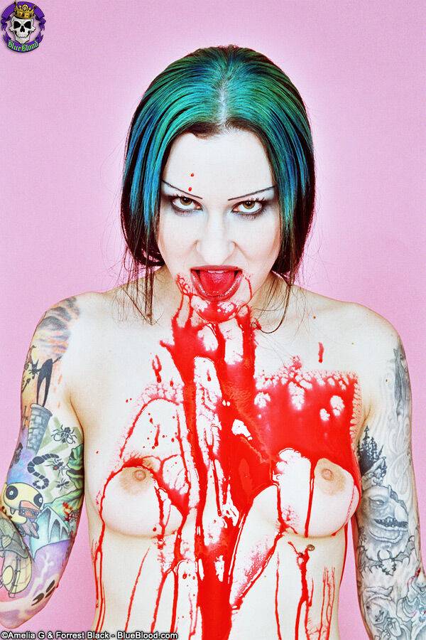 Red spattered pale vampire beauty with great tattoos - #13