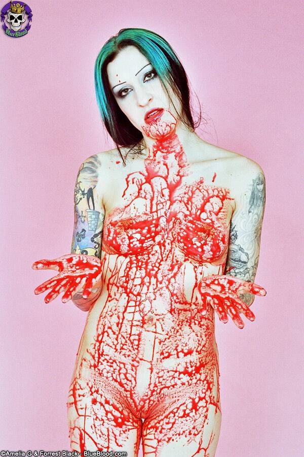 Red spattered pale vampire beauty with great tattoos - #1