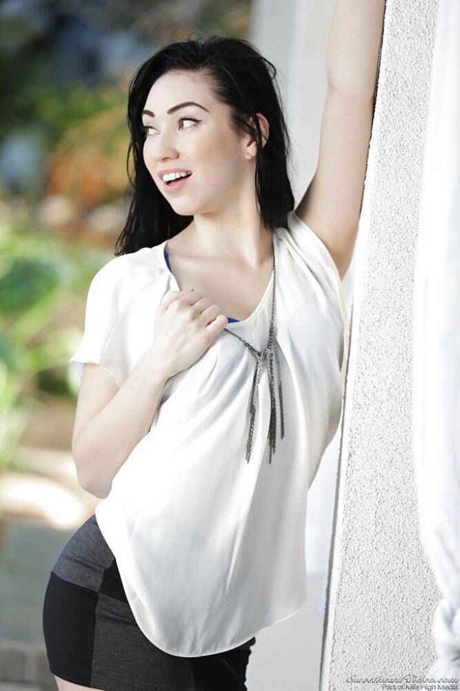 Petite brunette babe Aria Alexander posing fully clothed outdoors - #6