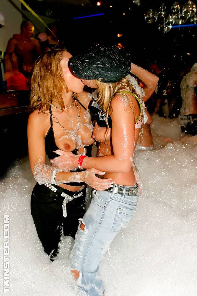 Filthy MILFs have some lesbian and blowjob fun at the wild foam party - #1