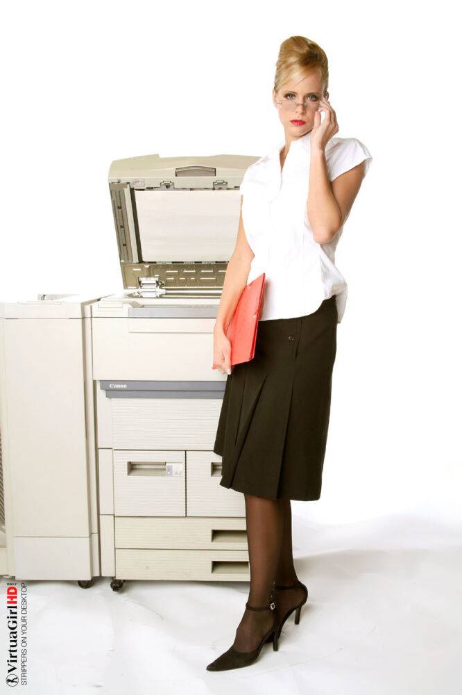 Sizzling hot busty secretary Zuzana works the copy machine in black stockings - #9