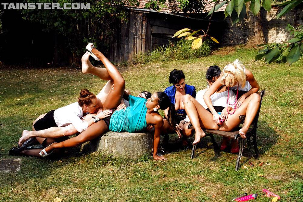 Lascivious gals with sexy legs are into group pissing action outdoor - #16