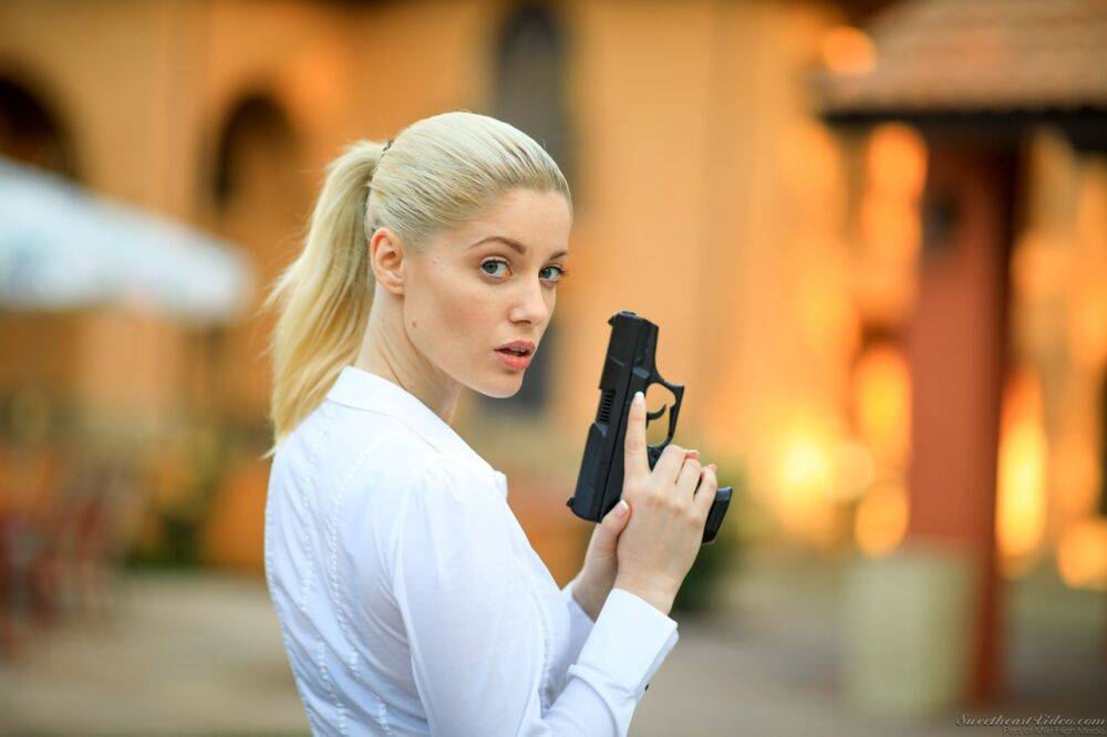 Blonde female cop strips to her black boots out on the condo walkway - #3