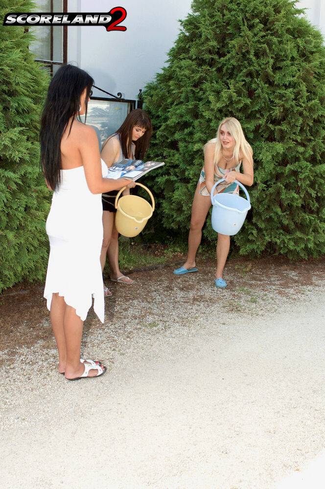 Means girls toss buckets of water on a busty girl in a now see thru dress - #1